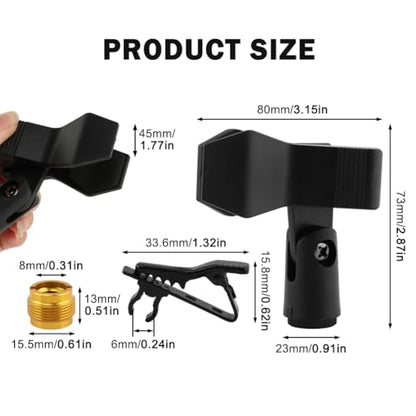Microphone Clips for Stand Set, Durable Microphone Holders with 5/8" Male to 3/8" Female Screw Adapters, Adjustable Mic Stand Clamps for 1.14–1.26 Inch Mics