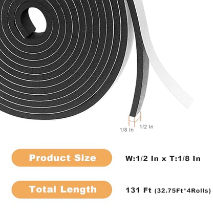 Foam Insulation Tape self Adhesive,1/2In x 1/8In x131Ft Weather Stripping for Doors and Windows,Sound Proof soundproofing Door Seal,Weatherstrip,Pipe Cooling, Air Conditioning Seal Strip - size: 1/2 in x 1/8 in x 131 ft
