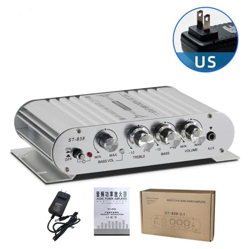 Stereo Audio Amplifier, Mini HiFi 2.1 Stereo Bass Car Home Audio Power Amplifier, Professional Digital Amp for Use on Your Carrier or at Home (Silver)