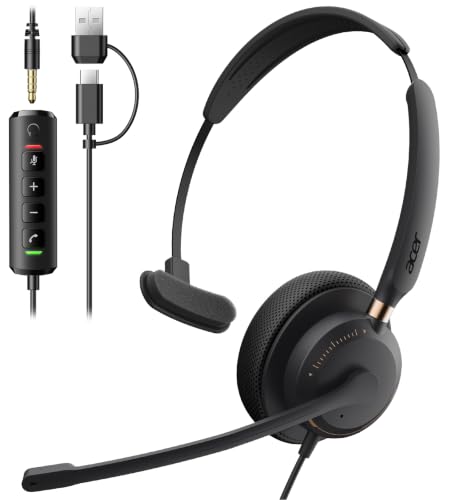 Acer USB Headset with Microphone, Clear Sound Quality for Call ＆ Meetings, Wired Computer Headset for PC Laptop, Single Ear Headset for Office, Work, Teams and Call Center Use - USB-A/C & 3.5mm | Clear Sound Quality for Call ＆ Meetings, Work Headset for O