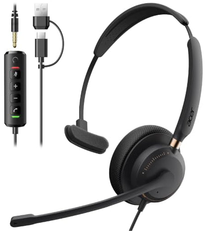 Acer USB Headset with Microphone, Clear Sound Quality for Call ＆ Meetings, Wired Computer Headset for PC Laptop, Single Ear Headset for Office, Work, Teams and Call Center Use - USB-A/C & 3.5mm | Clear Sound Quality for Call ＆ Meetings, Work Headset for O