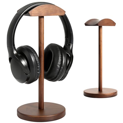 Walnut Wood Headphone Stand for Desk, Heavy Duty Wooden Headset Stand, Wide Compatibility Gaming Headset Hanger Holder, Stylish Desk Accessories for Home & Office