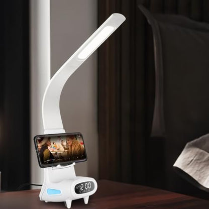 IHAO Multi Functional Smart Eye-Care Desk Lamp Wireless Charger & Digital Alarm Clock Gesture Control Adjustable Light 15W Fast Charging Hidden Phone Stand, Date Timer Display Wake-Up Light-TX79 White - color: Table Lamp TX79 White