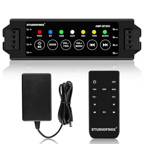 STUDIOFINIX 4-Channel Mini Amplifier with Wireless App & Infrared Remote Control, Bluetooth 5.0, USB/MIC/AUX/TWS Inputs and Power-Off Memory for Ceiling/Wall/Bookshelf/Garage
