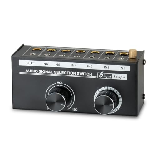 Audio Switcher -6-Way 3.5/6.35mm Stereo Audio Switch - Signal Source Switcher Selector Splitter Box with Line Controller, Black, 500735575