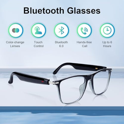 Smart Glasses for Women Clear Gray Frame Open-Ear Bluetooth Glasses | Built-in Mic and Speaker, Photochromic Lenses, Touch Control Hands Free Call, Voice Assistant Compatible with Android & IOS - color: Gray