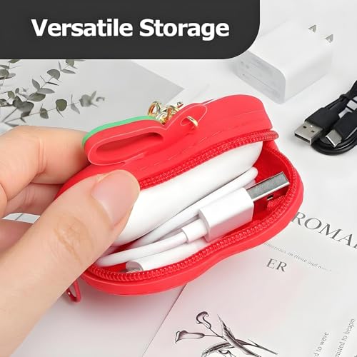 【Woyinger】 Fruit Shaped Silicone Earbud Case for AirPods, Tech Organizer Pouch with Keychain & Wrist Strap, Mini Cable Coin Wired/Wireless Earphone Holder, Red - color: A2-Apple