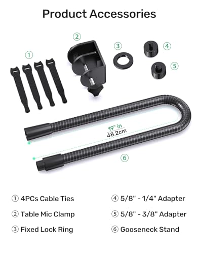 19 Inch Gooseneck Microphone Holder for Podium, 【Heavy-Duty】 2.5 lb Max | Thickened Aluminum Flexible Gooseneck, with 1/4" and 3/8" Adapters, Desk Clamp, Ideal for Gaming, Podcast, Streaming