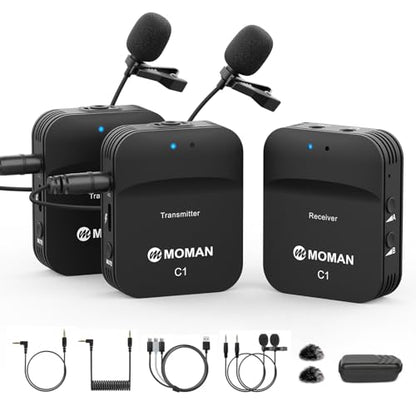 Moman C1X Wireless Lavalier Microphone, 2.4GHz Dual Channel Lapel Mic System with Noise Cancellation 230FT Range for Online Class Vlog Live Stream YouTube DSLR Camera Smartphone Tablet - size: C1X