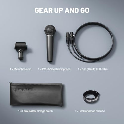 Phenyx Pro Cardioid Dynamic Wired XLR Microphone PM-25 | Wired Microphone with 16.4 ft XLR Cable, Mic Clip, Storage Bag, Handheld Mic for Singing, Stage, Studio, Karaoke, speaking