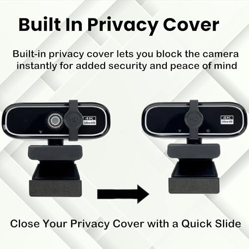 FHD 4K Webcam with AutoFocus, USB Desktop Camera, Black Webcam, Built-in Microphone for Video Conferencing, Online Meetings, Universal Tripod-Ready Clip fits laptops and LCD Monitors.