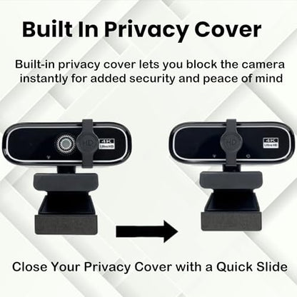 FHD 4K Webcam with AutoFocus, USB Desktop Camera, Black Webcam, Built-in Microphone for Video Conferencing, Online Meetings, Universal Tripod-Ready Clip fits laptops and LCD Monitors.