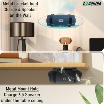 Metal Wall Mount compatible for jbl Charge 6/Charge 5/Flip 7/Flip 6 speaker | secure shelf holder with adjustable leather straps for charge 4/flip 5,underdesk Bracket for Ceiling/boat/bike/jet ski,black