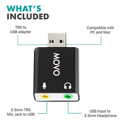 Movo USB-AC 3.5mm TRS Microphone to USB 2.0 Stereo Audio External Sound Card Adapter for PC and Mac. USB Sound Card Adapter for Computer or Laptop Convert USB Input to 3.5mm TRS Headphone or Mic Jack