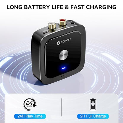 SONRU Bluetooth 6.0 Receiver, Bluetooth Adapter for Old Receiver, Low Latency, 24-Hour Battery Life with AUX 3.5mm/RCA, HiFi Wireless Audio Adapter for Speakers/Home Music Streaming Stereo System
