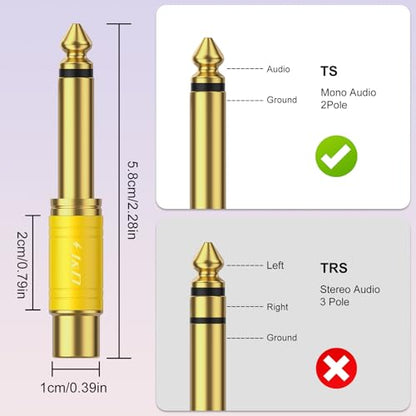 J&D RCA to 1/4 Audio Adapter 4-Pack, 6.35mm Mono Plug Male to RCA Female Connector, Gold-Plated Guitar Connectors, Yellow - color: Yellow
