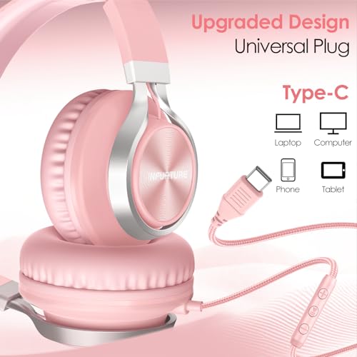 INFURTURE USB C Headphones Wired with Mic & Volume Control, Noise Isolating Over-Ear Headphones, Tangle-Free Plaiting Line, Foldable Headphone for School/Travel/iPad,Tablet,iPhone 17/16/15(Pink) - color: Blush Pink