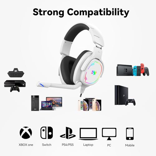 Jimonyer Gaming Headset with Microphone, 7.1 Surround Sound and Noise Canceling Over Ear Headphones for PC, PS4, PS5,Xbox Series,Switch, RGB Light and Soft Imitation Protein Earmuffs (White) - color: White