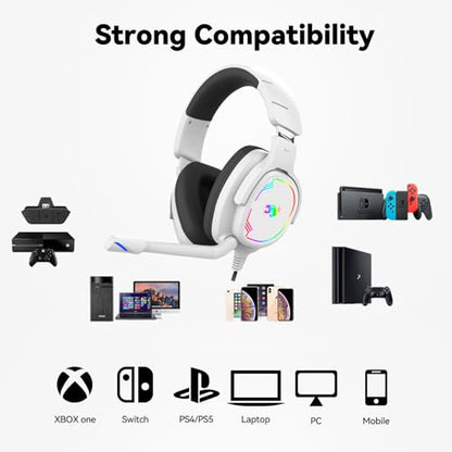 Jimonyer Gaming Headset with Microphone, 7.1 Surround Sound and Noise Canceling Over Ear Headphones for PC, PS4, PS5,Xbox Series,Switch, RGB Light and Soft Imitation Protein Earmuffs (White) - color: White