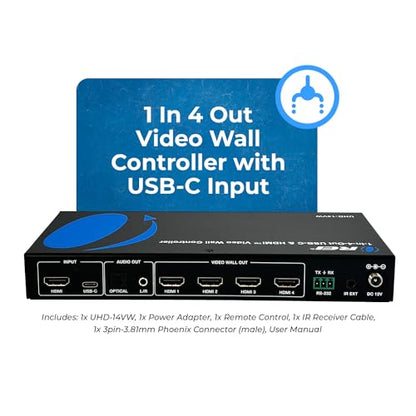 OREI 4K 2x2 HDMI or USB-C Video Wall Controller Processor Display Upto 4K 60hz 2x1, 1x2, 1x3, 1x4 Supports 180 Degree Rotate RS-232 Audio Extraction | Video wall controller 2x2, Video wall, USB-C input, 2x1/1x2/1x3/1x4 layouts, 180° rotation - style: 2x2