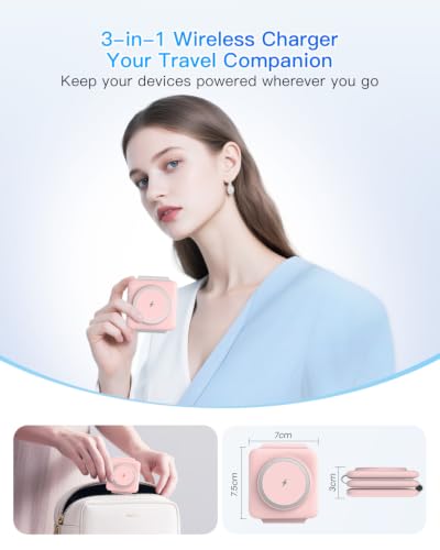 Charging Station for Apple Multiple Devices: 3 in 1 Foldable Magnetic Wireless Charger Stand - Travel Charging Dock Compatible with iPhone 17 16 15 14 13 12 Pro Max Plus Apple Watch AirPods - color: Pale-pink