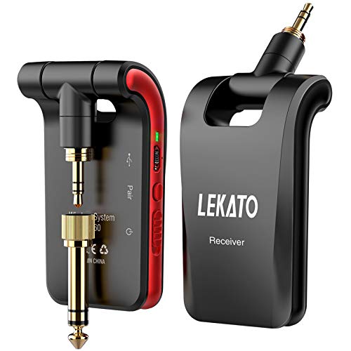 LEKATO Wireless Guitar System 2.4GHz Rechargeable Audio Wireless Transmitter Receiver 6 Channels for Guitar Bass Electric Instruments, Stereo and Mono 1/4” & 1/8” 2 in 1 Plugs,Black(WS-60) - color: black