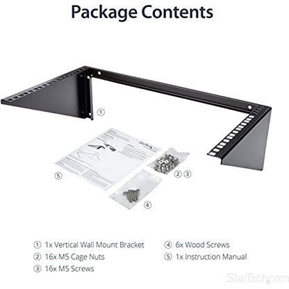 StarTech 6U Vertical Wall-Mount Patch Panel Rack, 19in, TAA (RK619WALLV) | Open-frame steel vertical mounting bracket for networking and data equipment, EIA-310, Includes cage screws and nuts - size: 6U