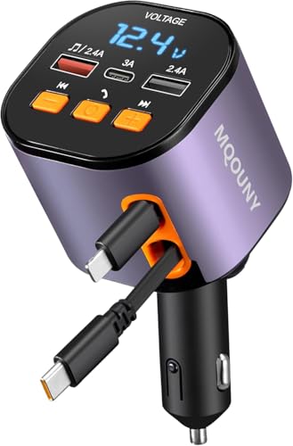 Retractable Car Charger,5 in 1 Fast Cars Phone Charger 90W,Bluetooth 5.3 FM Transmitter Adapter,Handsfree Call,2 Retractable Cables and USB Chargers for iPhone17/ 16/15/14/13/Samsung - color: Purplr