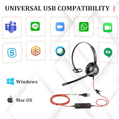 Callez USB Headset with ENC 2 Noise Cancelling Mics for PC Laptop Office | Wired Computer Headphones with Microphone, Mono Office Headset for Teams Zoom Skype Home Work Call Center, Teams Call Control