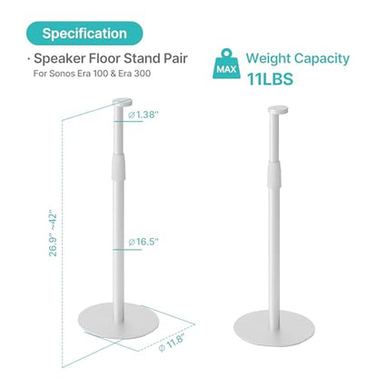 26.9"-42" Speaker Stands Pair Compatible with Sonos Era 100 and 300, 2 Pack | Height-Adjustable from 26.9"-42", Cable Management, 11lbs Capacity, White, 2 Pack - size: 2 Pack