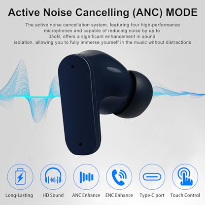 TINGER in-Ear ANC Wireless Earbuds, 35dB Active Noise Canceling Bluetooth Headphones, 24H Playtime Hi-Fi Bass Earphones with IPX4 Waterproof, Built-in Mic for Travel Workout (Blue) - color: Blue