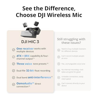 DJI Mic 3 (1 TX + 1 RX + Charging Case) + Lightning Adapter | Wireless Lavalier Mic for iPhone/Camera/Android, Adaptive Gain, Dual Band, 32-bit Float, 400m Transmission, 28h Use