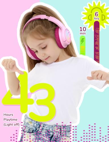 iClever BTH18 Kids Bluetooth Headphones LED Lights for Toddler Boys Girls | SafeSound Tech, 43H Playtime Stereo Sound, USB C Charging AUX Cable, Over Ear Kids Headphones Wireless for iPad/Tablet/Travel - color: A-Blossom Pink