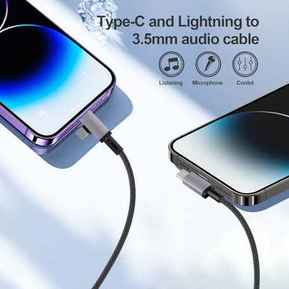 2 in 1 Lightning and USB C to 3.5mm Audio Auxiliary Jack Cable, Type C to Lightning 3.5mm Headphone Car Stereo Cable, Compatible with iPhone 16/15/14/13/12/11/X, Samsung Galaxy S24 S23 S22 S21 Note 20 - size: 3.3FT