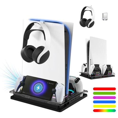 GAMINJA for Ps5 Cooling Station with Ps Portal Charger for Ps5/Slim/Pro | Rgb Dual Controller Charging Dock 3In1 Cooling Stand for Playstation 5 Console,Headset Holder, Charging Ports Ps5 Accessories - color: Black