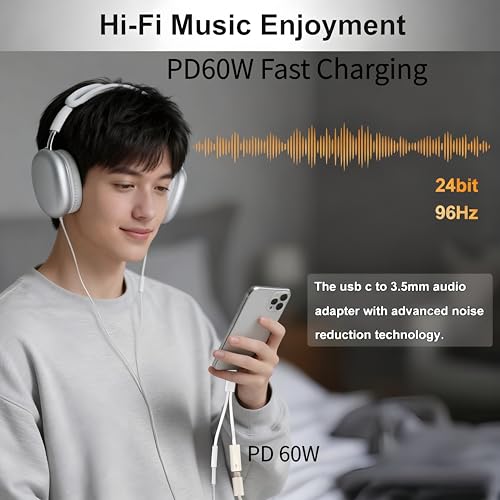 2 in 1 USBC to Headphone Jack Adapter with PD Fast Charging Dongle Cable,USB C to 3.5mm Audio Adapter for iPhone15/16/17 Series and Car - size: 1 Pack, style: Usb-C to USBC and 3.5