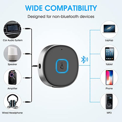 Bluetooth Receiver, LAICOMEIN Portable 3.5mm Aux Car Adapter, Bluetooth Wireless Audio Receiver for Car/Home Stereo/Wired Headphones/Speaker, 16H Battery Life