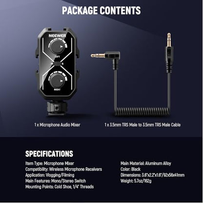 NEEWER MM01 Dual Channel Microphone Audio Mixer Adapter with 3.5mm TRS Cable, Stereo/Mono Switch, Cold Shoe Mounts for DSLR Camera, Smartphones, Battery Powered Microphones for Video Recording