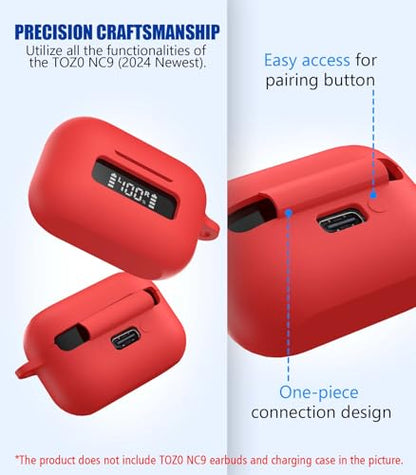 for TOZ0 NC9(2024) Case Cover, Silicone Protective Battery Display Visible Design Cover ONLY for TOZO NC9 Hybrid Active Noise Cancelling Wireless Earbuds 2024 Version with Carabiner-Red - color: Red