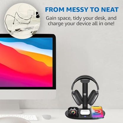 4 in 1 Wireless Charger with Headphone Stand Headset Holder & Station Dock for Apple Watch, AirPods Max/Pro/Pro 2/AirPods 4/ iPhone 16/15/14/13/12 LG, Samsung Galaxy