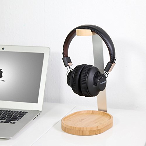 Avantree TR902 - Wood and Aluminum Headphone Stand with Cable Holder | Sturdy wooden and aluminum desktop stand displays headphones securely and.