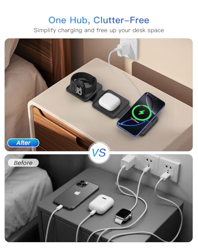 Fold Magnetic Wireless Charger for iPhone: Compact Charging Pad Fit Travel | 3 in 1 Charging Station for Magsafe Apple Watch iPhone 17 16 15 14 13 12 & Airpod - Charger Dock for Travel Bedside Office - color: Dark black