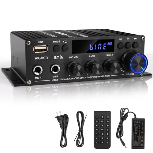 Romicta Stereo Audio Amplifier, 2.0 CH Mini Home Audio Bluetooth 5.0 Stereo Receivers with 400W, FM, AUX, USB, Microphone Input, 12V 5A Power Supply, Power Amplifier for Car Home Bar Party