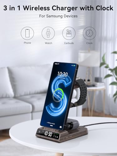 Wireless Charger for Samsung S25 with Clock 3 in 1 Android Charging Station | Charging Station for Galaxy S25 Ultra,Z Flip 7,Fold,Galaxy Bud,Watch Charger for Galaxy Watch 8,7,6,5Pro, Nightstand Charger - color: Wood Grain