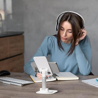 Giraffe wearing headphones Phone Stand for Desk Angle Height Adjustable Folding Cell Phone Holder Foldable Aesthetic Desktop Phone Stand Portable Cellphone Stand for All Phone Stand Smartphones - color: White