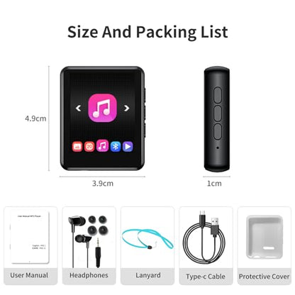 64GB MP3 Player with Bluetooth, Full Touch Screen Portable Music MP3 Player Built-in HD Speaker, FM Radio, Voice Recorder, Mini Design Sports Music Player Support Expansion (128GB)