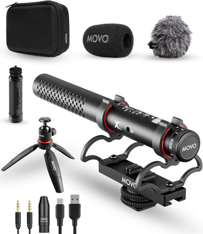 Movo X1 Supercardioid Shotgun Microphone - 3.5mm/XLR/USB-C Camera Mic for DSLR, Smartphones, and Computers - Professional Boom Microphone with Advanced Audio Controls, Tripod, and Accessories