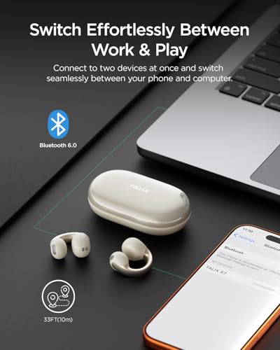 TALIX Open Ear Clip-On Wireless Bluetooth 6.0 Earbuds X7, White | Ultra-Light 4.8g, LED Battery Display, Clear Sound, Bluetooth 6.0, Dual-Device Switching, IPX4 Sweatproof, Touch Control - color: White