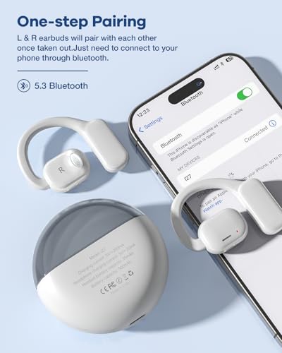 Open Ear Headphones Wireless Earbuds with Earhooks, 40Hrs Playtime Bluetooth 5.3 Touch Control Sport Headsets IPX6 Sweatproof Earphones for Running Cycling Workout (White)