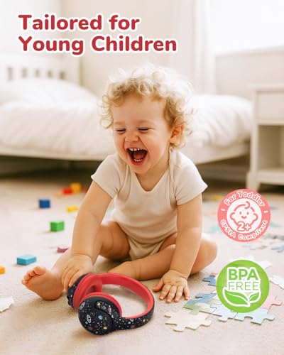 iClever BTH27 Toddler Headphones for 2+ Year Old Baby Kids Travel Study | SafeSound Tech3.0, 74H Playtime, Bluetooth 5.4, BPA Free, Aux, Soft Baby Headphones, Easy Operation, Adjustable, Black - color: Black